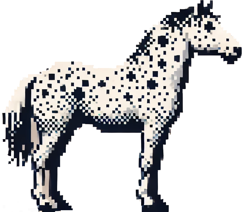 Apache, a white palomino with black spots, standing proudly